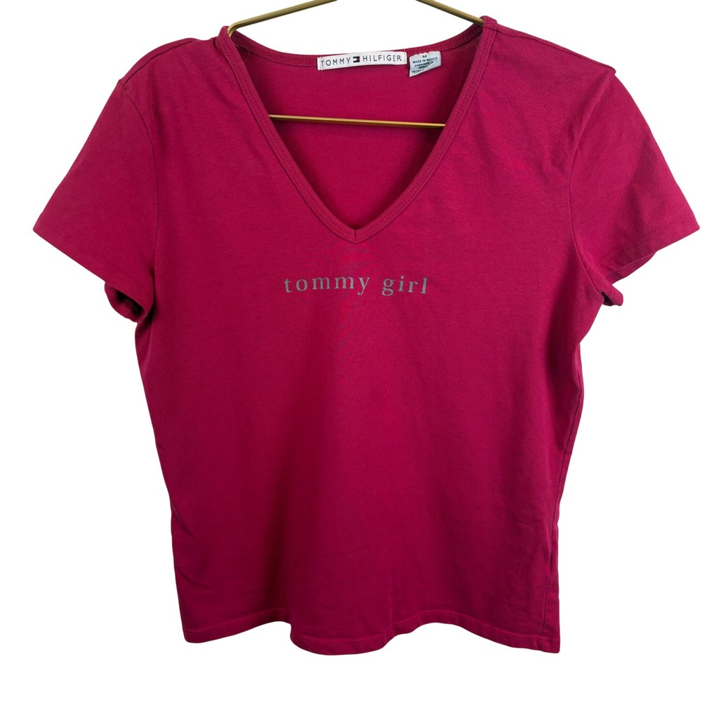 Vintage 90s Tommy Hilfiger Tommy Girl V-Neck T-Shirt Pink Short Sleeve Sz Medium